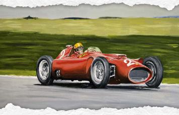 Racing Art by Josep Domingo, Sunday. 'Musso at his best', Luigi Musso (Lancia-Ferrari D50). Grand Prix de Reims, 1957. Óleo sobre tela.